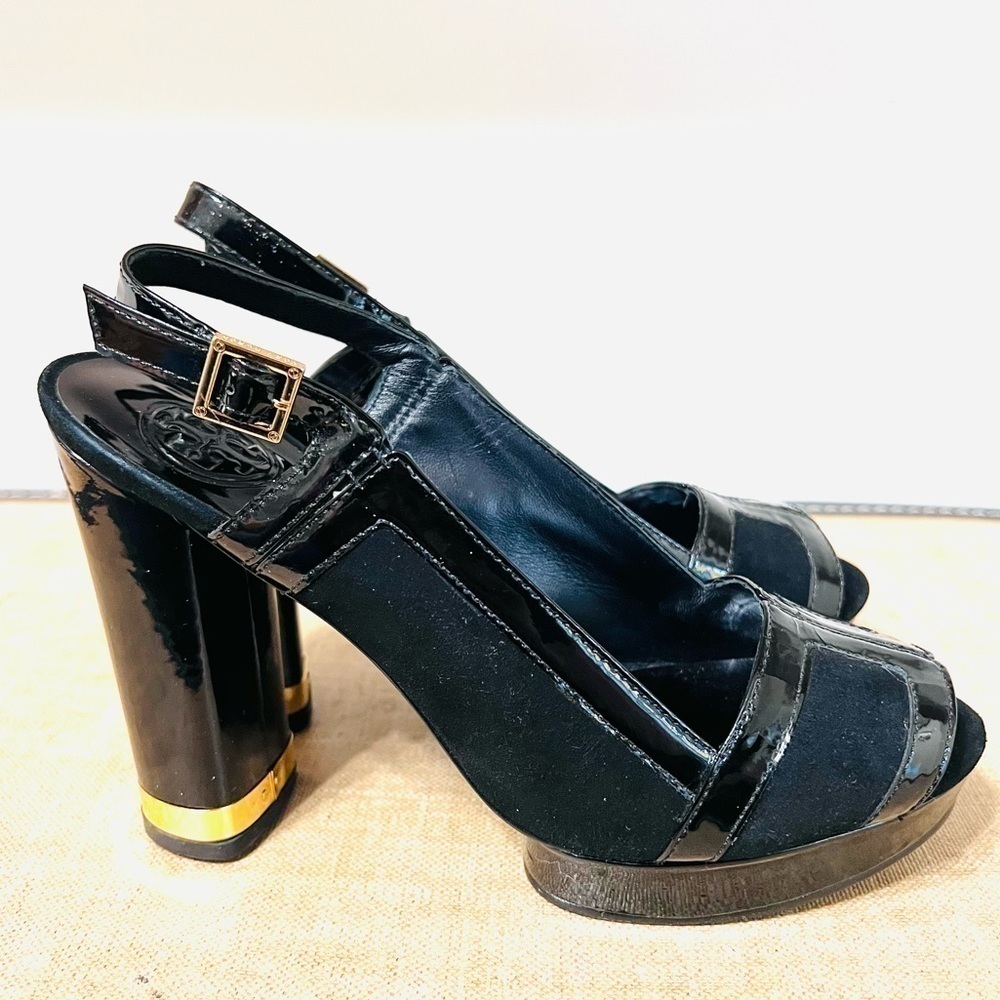 ❤️TORY Burch Black Suede Patent Leather Slingback "Gemma" Platforms Sz: 6.5M - Picture 2 of 9